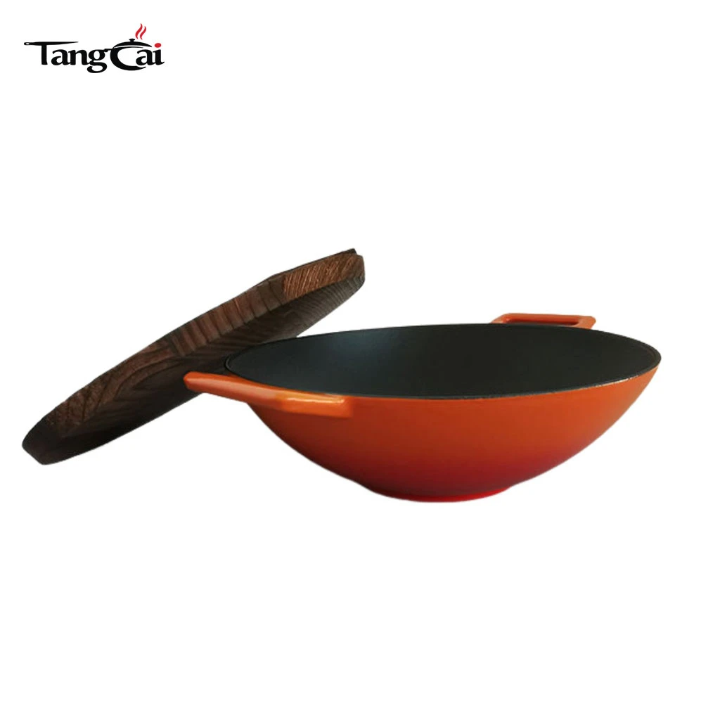 Emaillierter, 36&nbsp;cm gro&szlig;er Gusseisen-Wok mit doppelten Griffen, chinesischer K&uuml;chengeschirr-Wok mit flachem Boden, induktionskompatibel