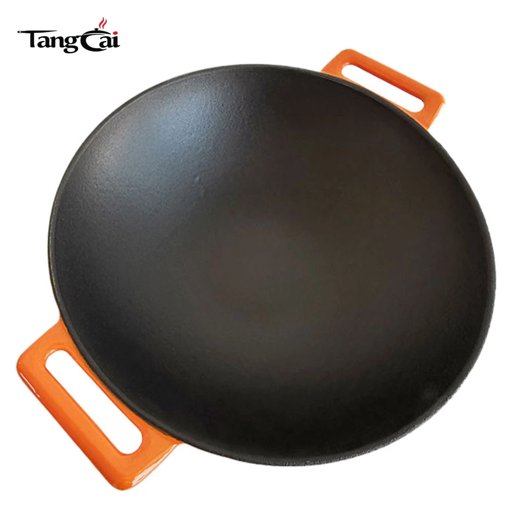 Emaillierter, 36&nbsp;cm gro&szlig;er Gusseisen-Wok mit doppelten Griffen, chinesischer K&uuml;chengeschirr-Wok mit flachem Boden, induktionskompatibel