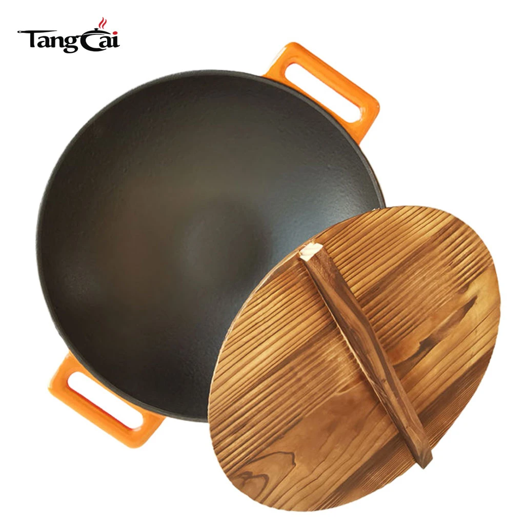 Emaillierter, 36&nbsp;cm gro&szlig;er Gusseisen-Wok mit doppelten Griffen, chinesischer K&uuml;chengeschirr-Wok mit flachem Boden, induktionskompatibel