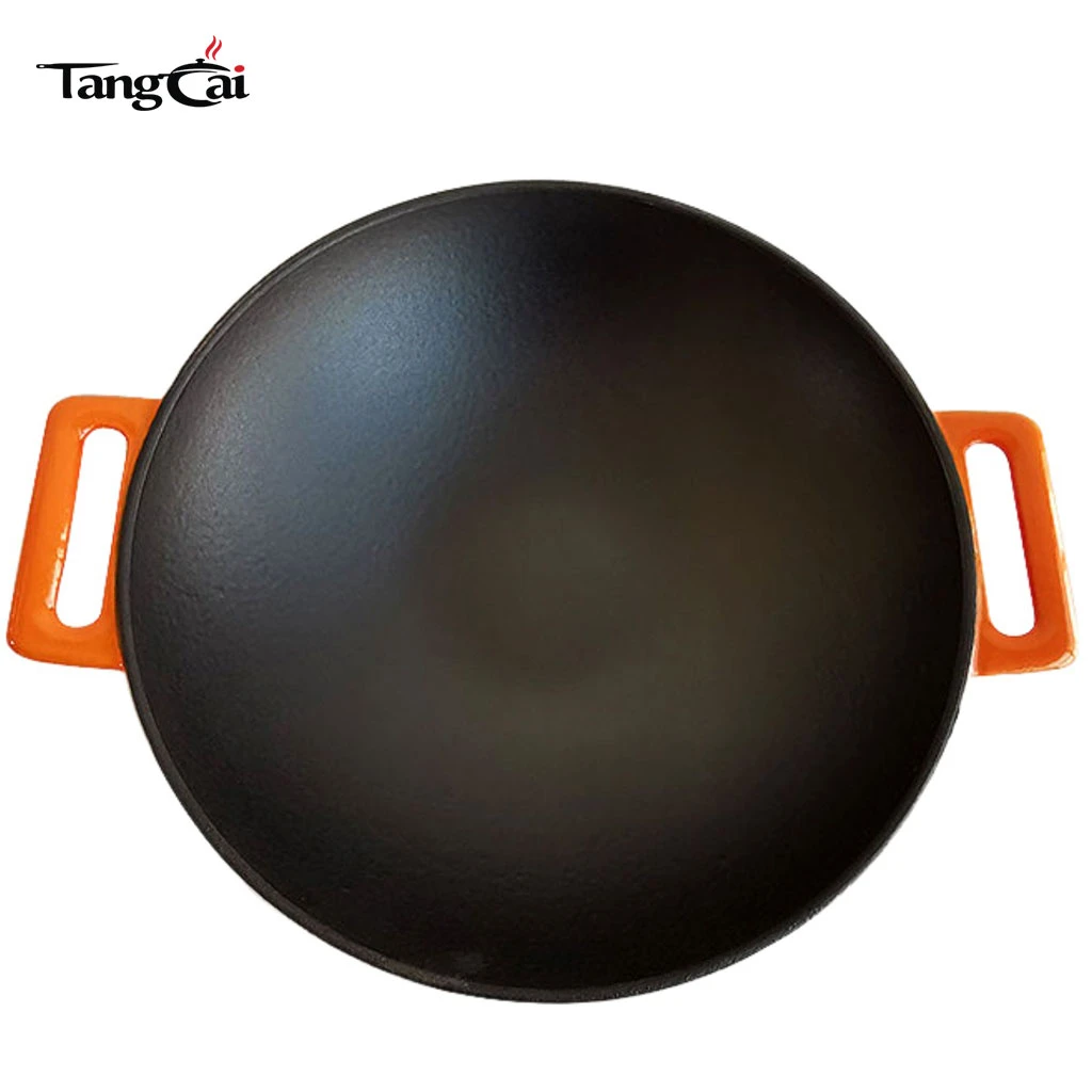 Emaillierter, 36&nbsp;cm gro&szlig;er Gusseisen-Wok mit doppelten Griffen, chinesischer K&uuml;chengeschirr-Wok mit flachem Boden, induktionskompatibel