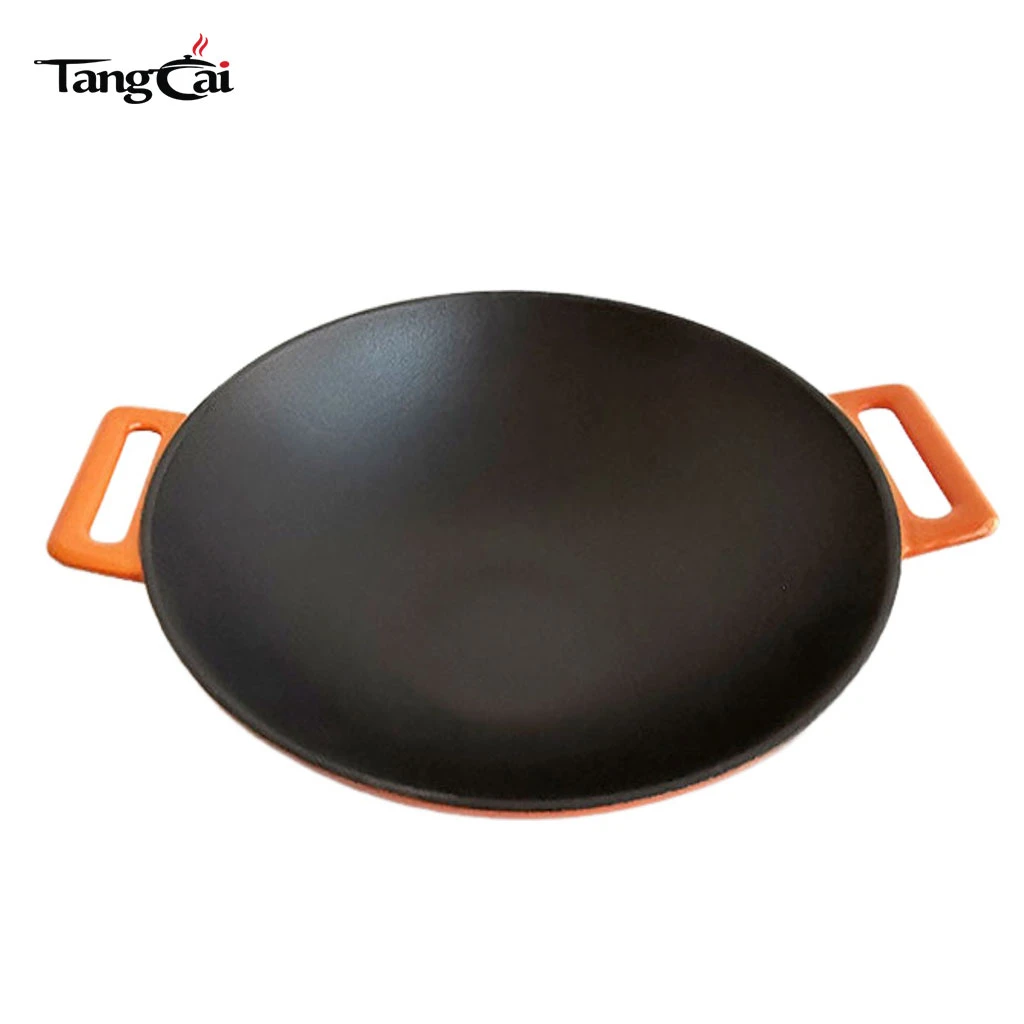 Emaillierter, 36&nbsp;cm gro&szlig;er Gusseisen-Wok mit doppelten Griffen, chinesischer K&uuml;chengeschirr-Wok mit flachem Boden, induktionskompatibel