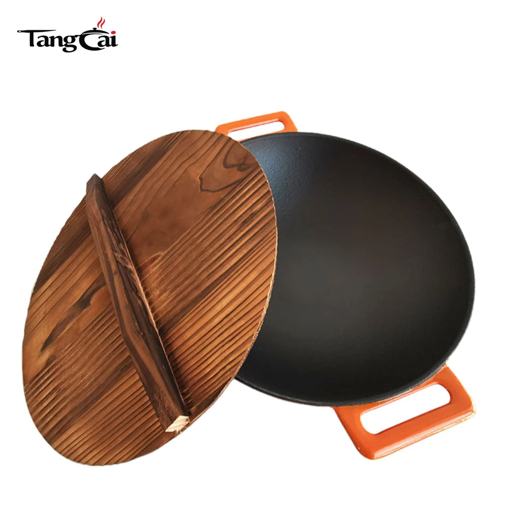 Emaillierter, 36&nbsp;cm gro&szlig;er Gusseisen-Wok mit doppelten Griffen, chinesischer K&uuml;chengeschirr-Wok mit flachem Boden, induktionskompatibel