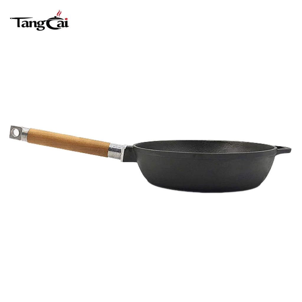 Portable BBQ-Grillpfanne f&uuml;r den Au&szlig;enbereich, vorgebrannte Gusseisen-Bratpfanne mit abnehmbarem Holzgriff