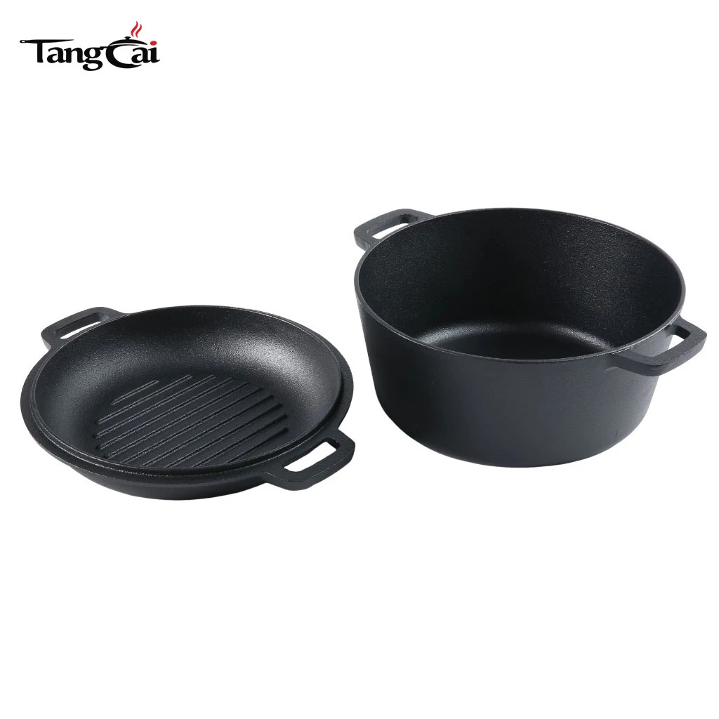 Hot Design Double Dutch Oven aus Gusseisen, vorgew&uuml;rzt, 2-in-1-Gusseisen-Kochgeschirr &ndash; Topf- und Pfannen-Kombikocher, ofenfest