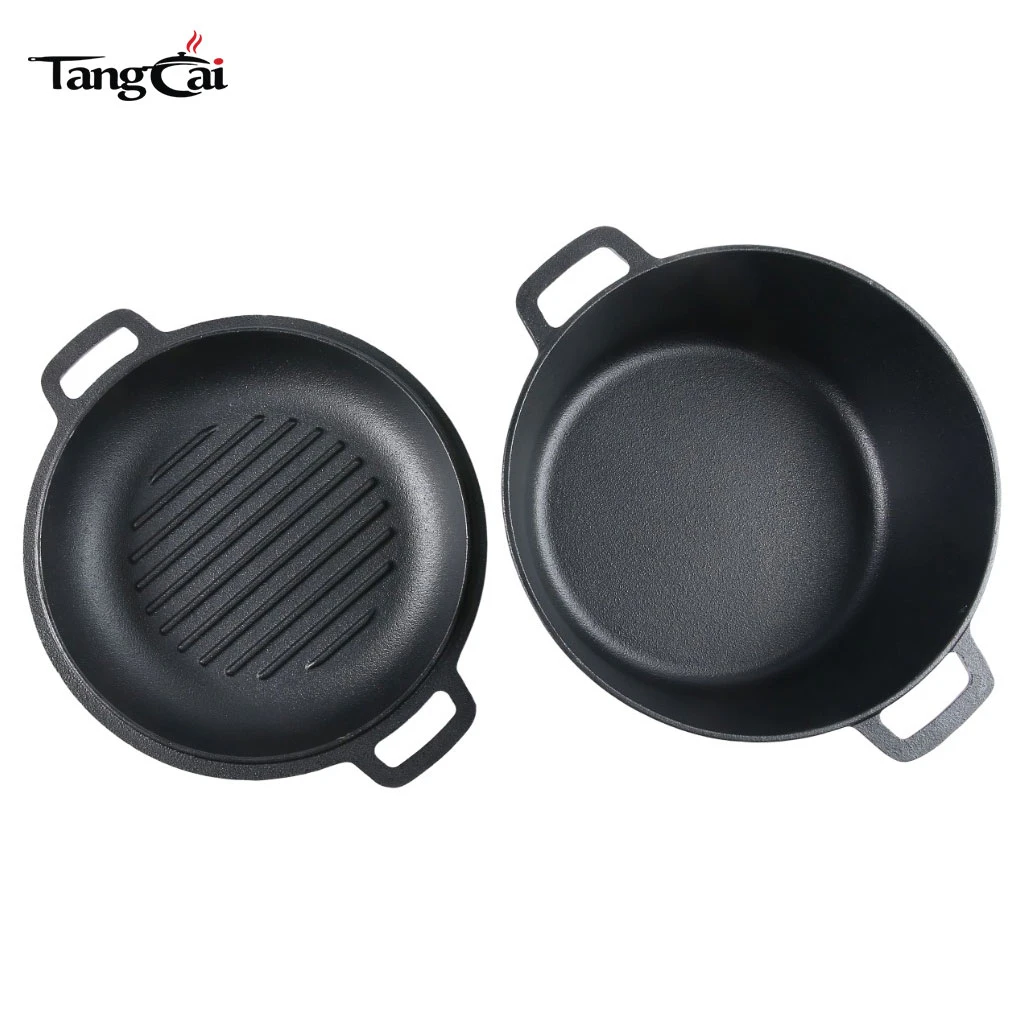 Hot Design Double Dutch Oven aus Gusseisen, vorgew&uuml;rzt, 2-in-1-Gusseisen-Kochgeschirr &ndash; Topf- und Pfannen-Kombikocher, ofenfest