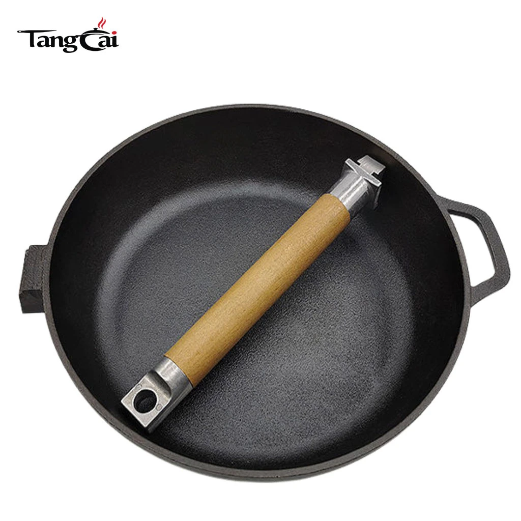 Portable BBQ-Grillpfanne f&uuml;r den Au&szlig;enbereich, vorgebrannte Gusseisen-Bratpfanne mit abnehmbarem Holzgriff