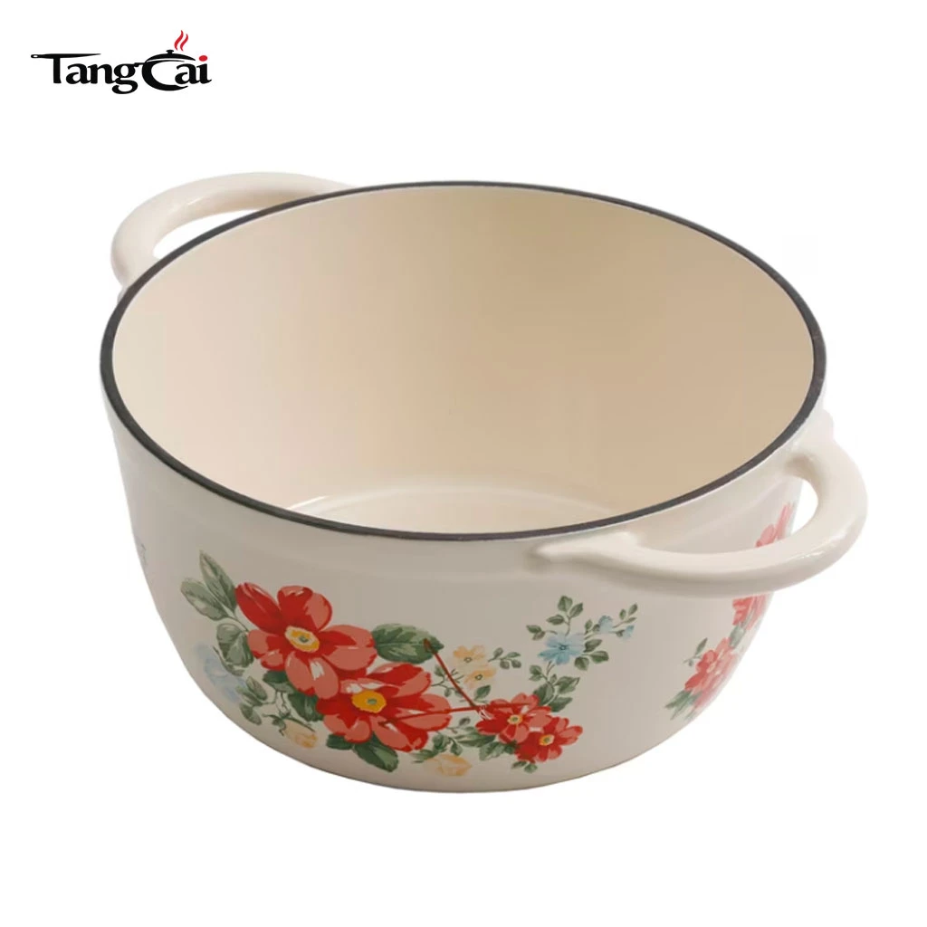 Vintage Red Floral emaillierter Gusseisen-Dutch Oven mit Deckel, induktionsgeeigneter Auflauftopf zum Schmoren, Schmoren und Sauerteigbacken