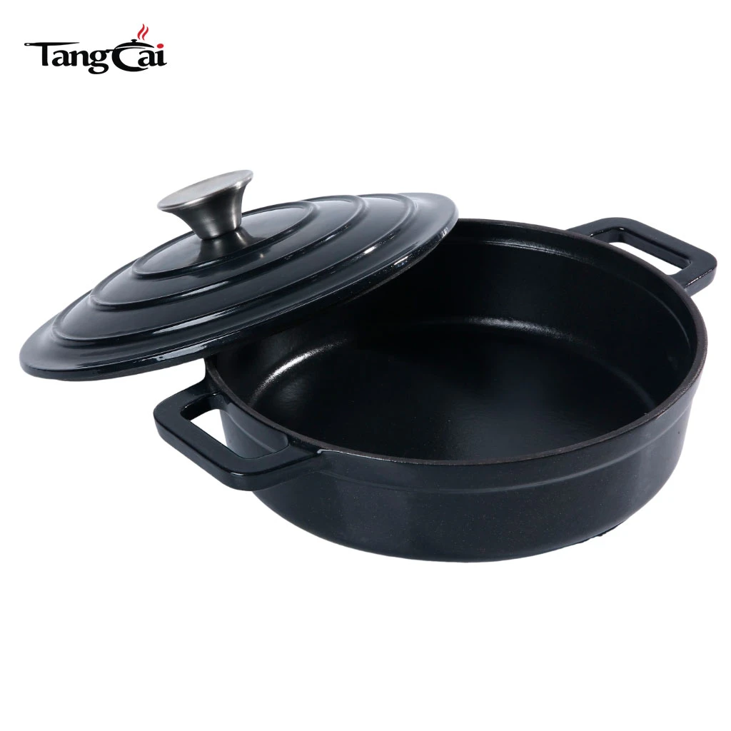 Kleines, mattschwarzes, flaches emailliertes Gusseisen Dutch Oven, Mini-Auflaufform f&uuml;r Meeresfr&uuml;chte mit Deckel