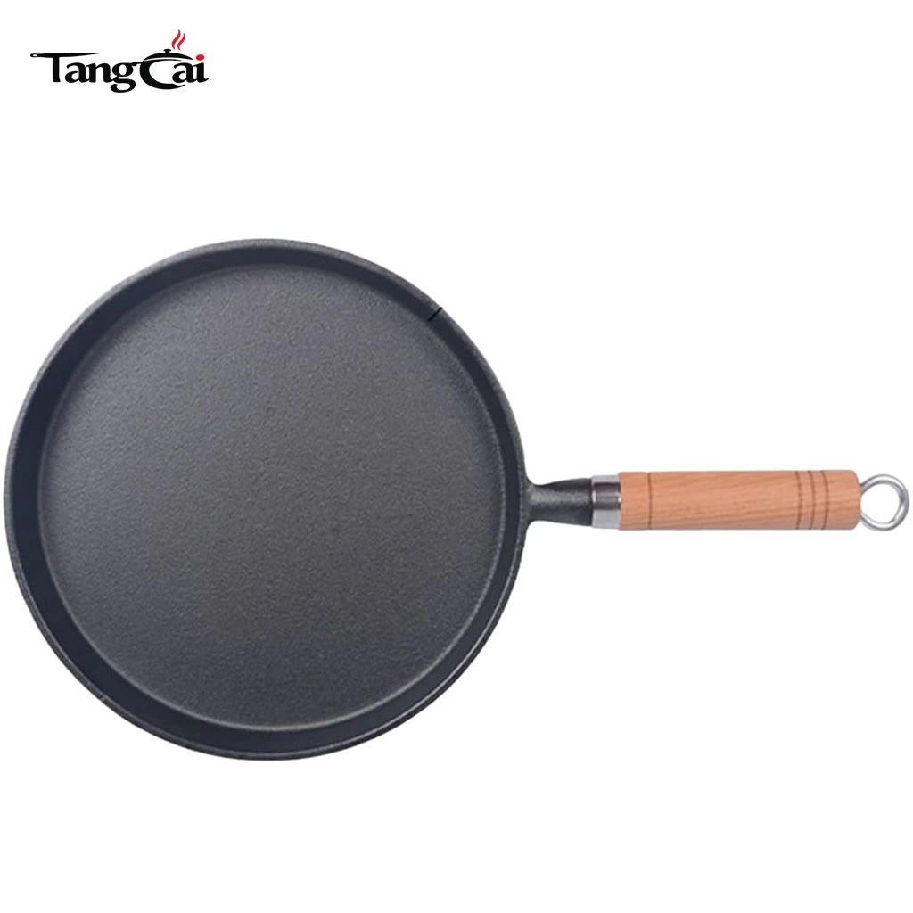Gusseisen Bratpfanne, 10 Zoll, antihaftbeschichtet, flache Grillplatte f&uuml;r Pfannkuchen, Cr&ecirc;pes mit Holzgriff