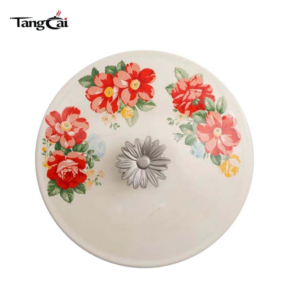 Vintage Red Floral emaillierter Gusseisen-Dutch Oven mit Deckel, induktionsgeeigneter Auflauftopf zum Schmoren, Schmoren und Sauerteigbacken