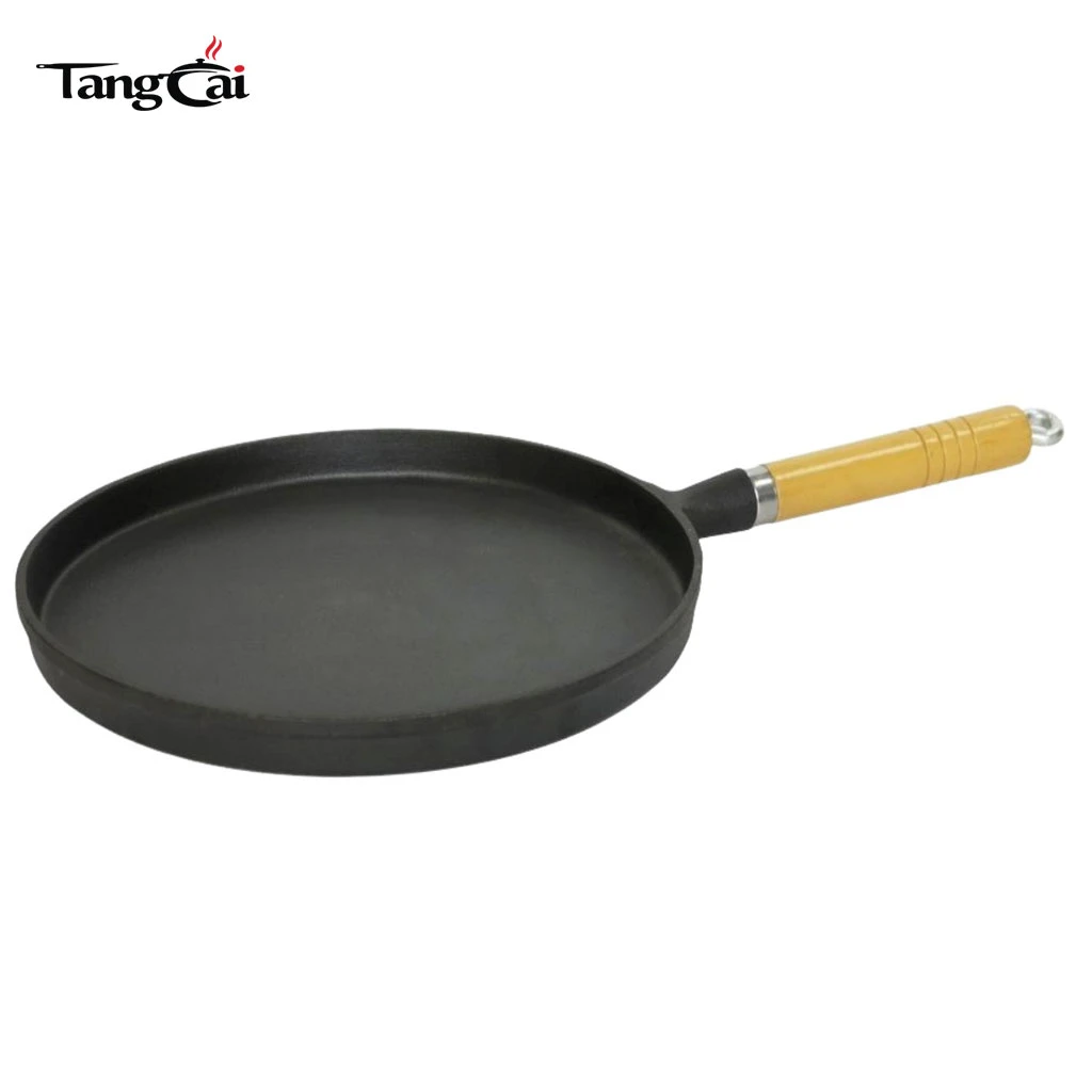 Gusseisen Bratpfanne, 10 Zoll, antihaftbeschichtet, flache Grillplatte f&uuml;r Pfannkuchen, Cr&ecirc;pes mit Holzgriff