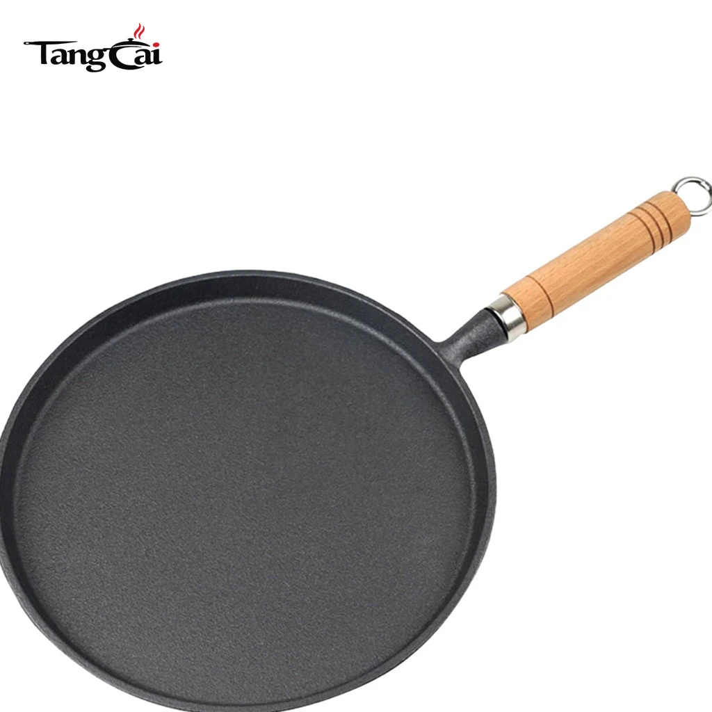 Gusseisen Bratpfanne, 10 Zoll, antihaftbeschichtet, flache Grillplatte f&uuml;r Pfannkuchen, Cr&ecirc;pes mit Holzgriff
