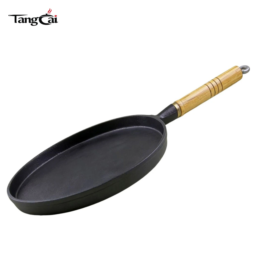 Gusseisen Bratpfanne, 10 Zoll, antihaftbeschichtet, flache Grillplatte f&uuml;r Pfannkuchen, Cr&ecirc;pes mit Holzgriff