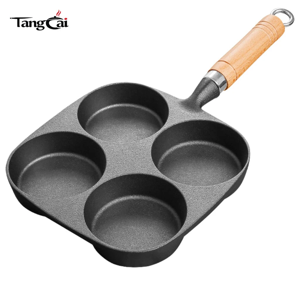 Vorgew&uuml;rzte 4-Tassen-Pfannkuchenpfanne aus Gusseisen mit Holzgriff, antihaftbeschichtete Grillplatte mit mehreren L&ouml;chern f&uuml;r Mini-Pfannkuchen, Eier und Fr&uuml;hst&uuml;ck