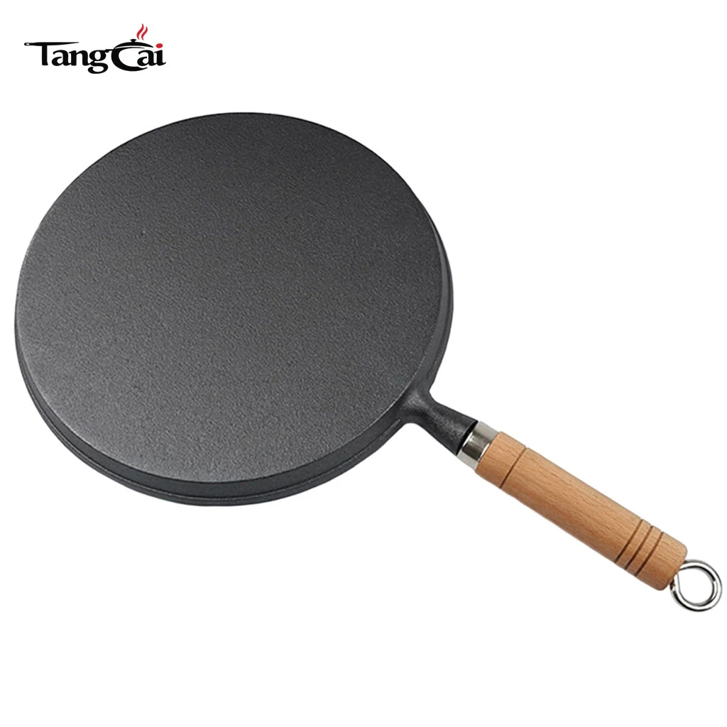 Gusseisen Bratpfanne, 10 Zoll, antihaftbeschichtet, flache Grillplatte f&uuml;r Pfannkuchen, Cr&ecirc;pes mit Holzgriff
