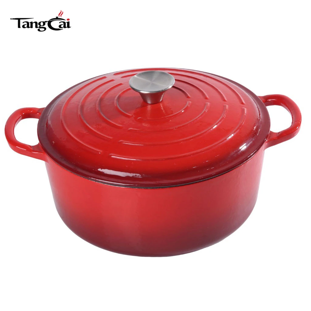Custom Le Creuset Style 5.5QT Signature Round Dutch Oven aus emailliertem Gusseisen mit Farbverlauf in Rot