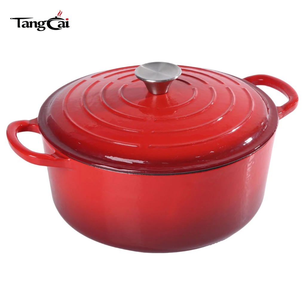 Custom Le Creuset Style 5.5QT Signature Round Dutch Oven aus emailliertem Gusseisen mit Farbverlauf in Rot