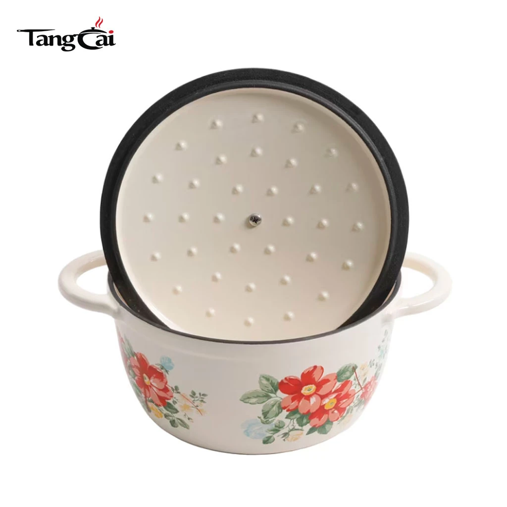 Vintage Red Floral emaillierter Gusseisen-Dutch Oven mit Deckel, induktionsgeeigneter Auflauftopf zum Schmoren, Schmoren und Sauerteigbacken