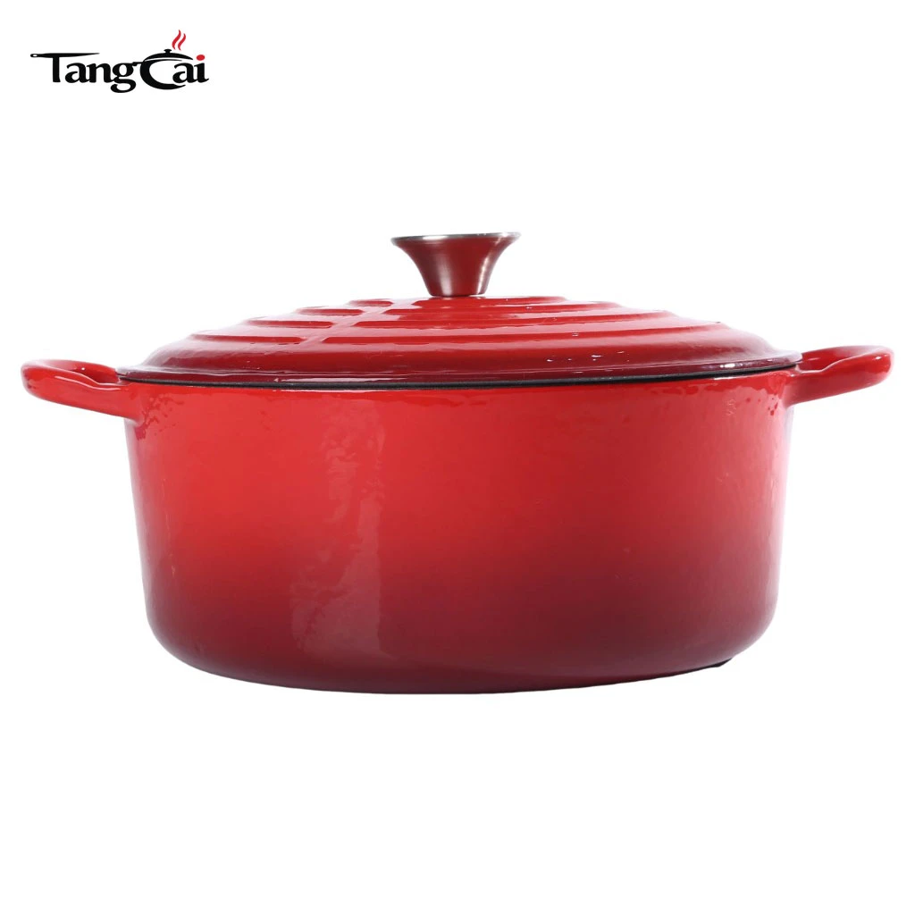 Custom Le Creuset Style 5.5QT Signature Round Dutch Oven aus emailliertem Gusseisen mit Farbverlauf in Rot