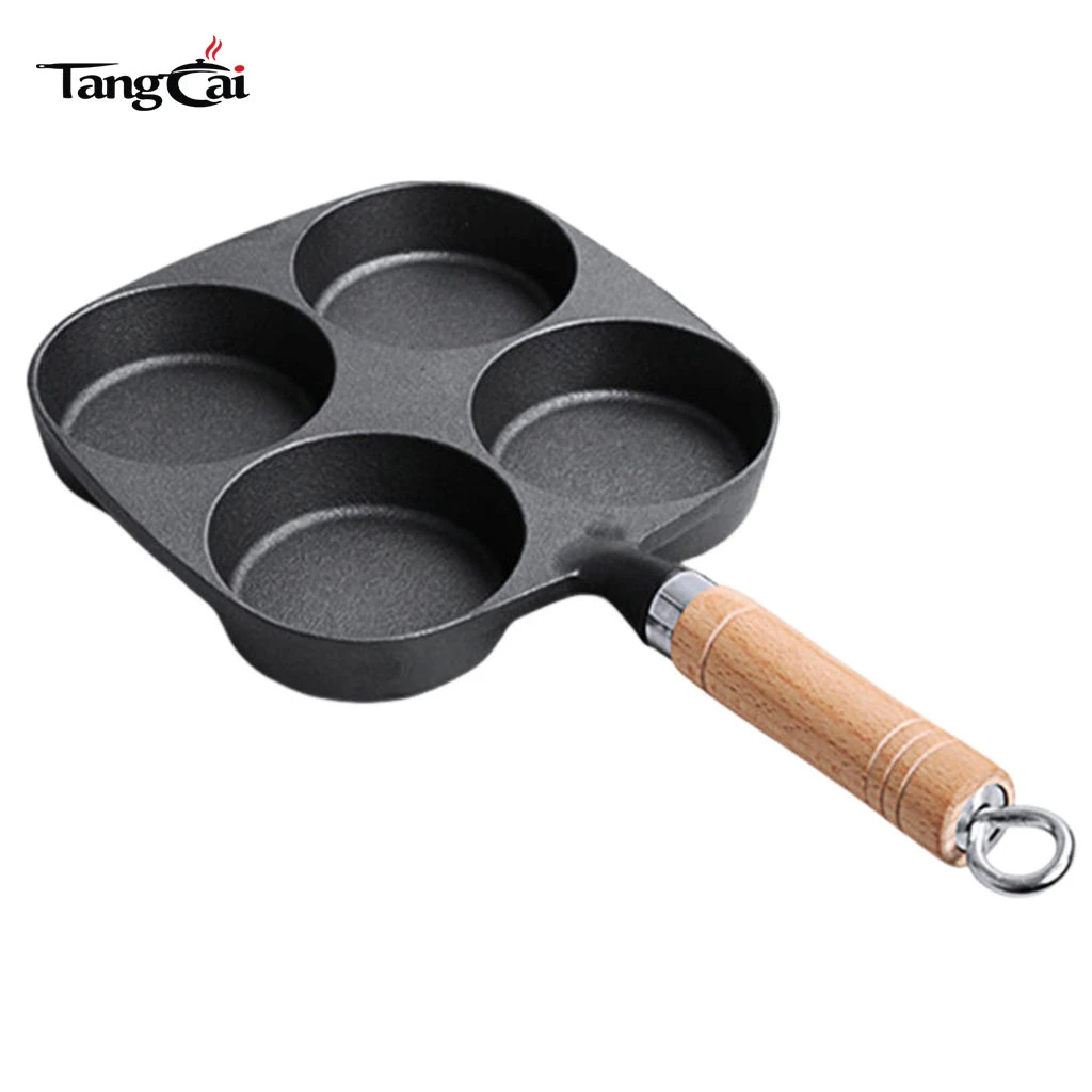 Vorgew&uuml;rzte 4-Tassen-Pfannkuchenpfanne aus Gusseisen mit Holzgriff, antihaftbeschichtete Grillplatte mit mehreren L&ouml;chern f&uuml;r Mini-Pfannkuchen, Eier und Fr&uuml;hst&uuml;ck