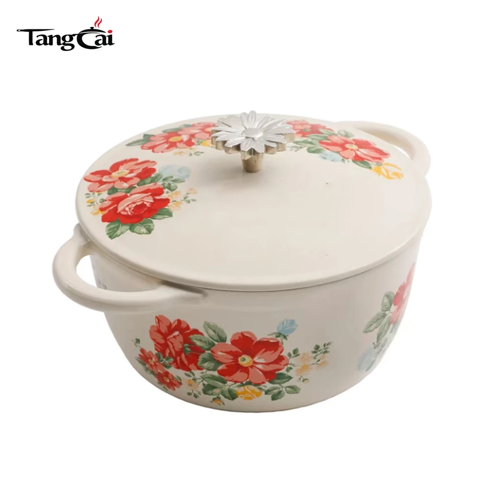 Vintage Red Floral emaillierter Gusseisen-Dutch Oven mit Deckel, induktionsgeeigneter Auflauftopf zum Schmoren, Schmoren und Sauerteigbacken
