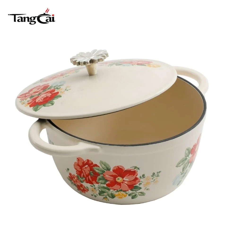 Vintage Red Floral emaillierter Gusseisen-Dutch Oven mit Deckel, induktionsgeeigneter Auflauftopf zum Schmoren, Schmoren und Sauerteigbacken