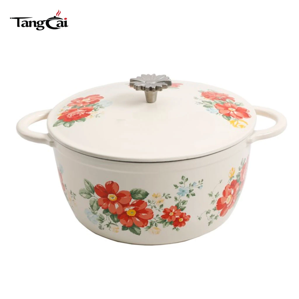 Vintage Red Floral emaillierter Gusseisen-Dutch Oven mit Deckel, induktionsgeeigneter Auflauftopf zum Schmoren, Schmoren und Sauerteigbacken