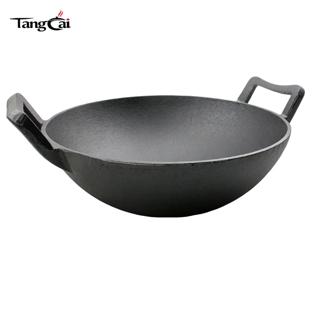Gro&szlig;e antihaftbeschichtete chinesische Wok-Pfanne aus Gusseisen zum Braten, Schmoren und Kochen im Freien
