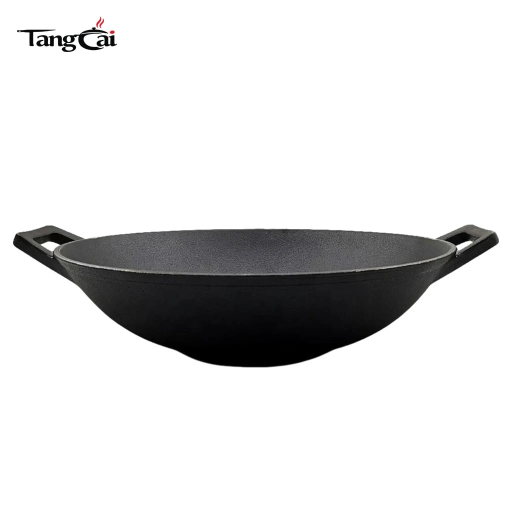 Gro&szlig;e 14-Zoll-Wok-Pfanne aus vorgew&uuml;rztem Gusseisen mit Doppelgriffe