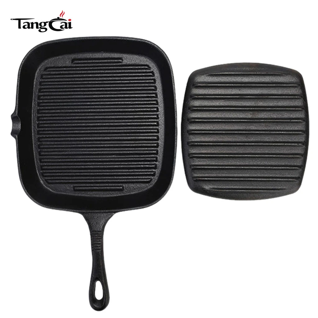2-teiliges quadratisches Gusseisen Grillset, geriffelte Grillpfanne + Steakpresse aus Gusseisen