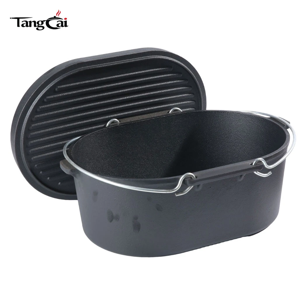 5,5QT Camping-Kochgeschirr, ovaler Schmortopf aus Gusseisen mit Grilldeckel