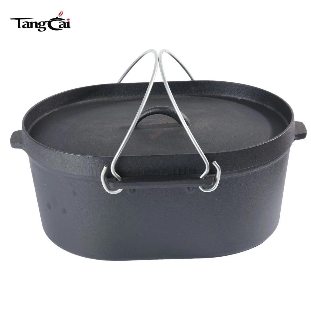 5,5QT Camping-Kochgeschirr, ovaler Schmortopf aus Gusseisen mit Grilldeckel