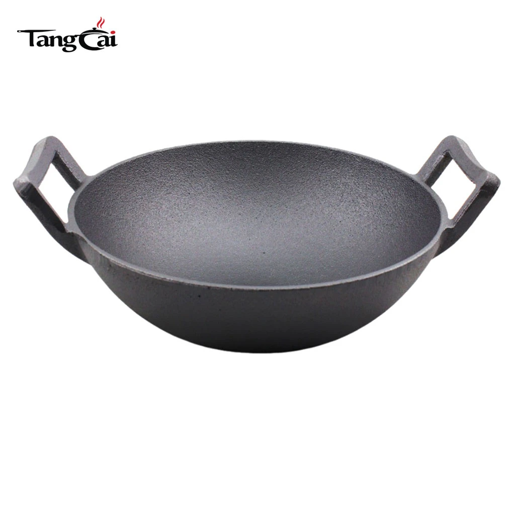 Gro&szlig;e antihaftbeschichtete chinesische Wok-Pfanne aus Gusseisen zum Braten, Schmoren und Kochen im Freien