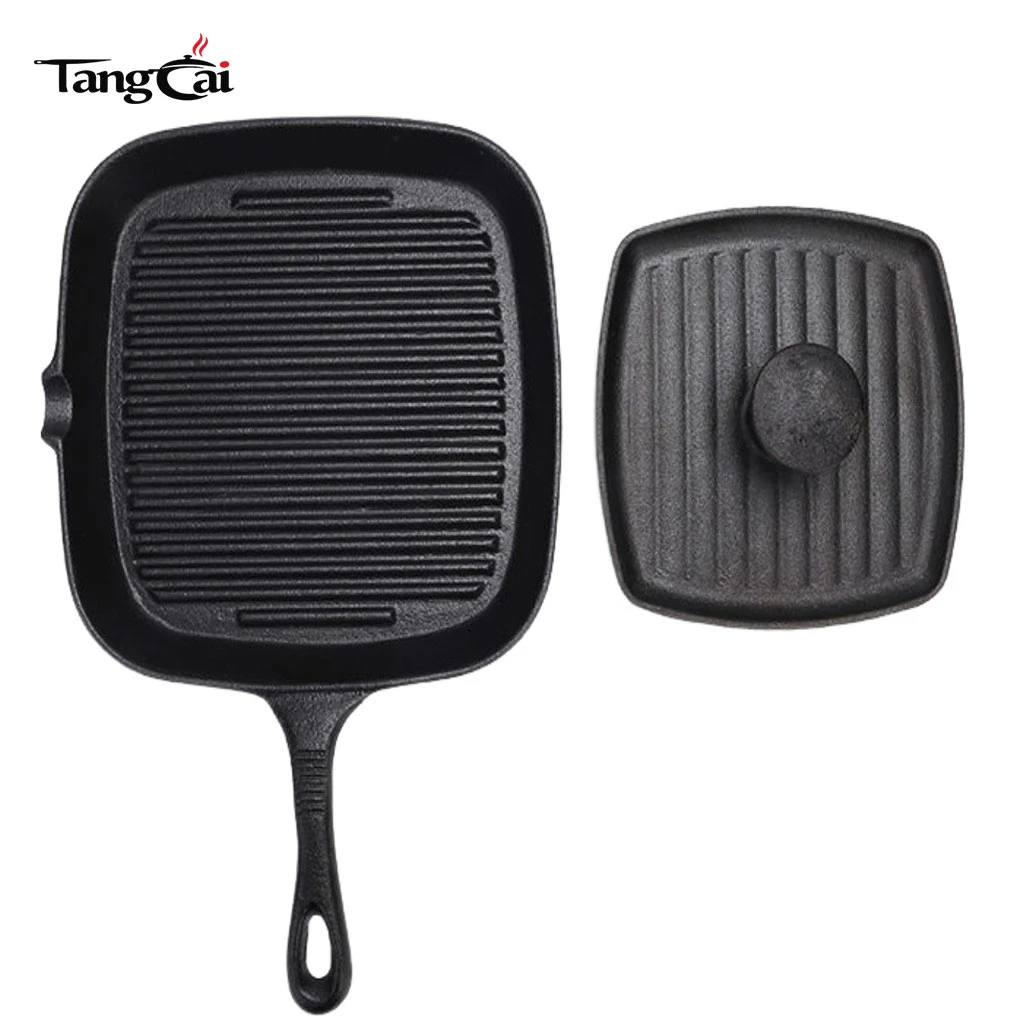 2-teiliges quadratisches Gusseisen Grillset, geriffelte Grillpfanne + Steakpresse aus Gusseisen