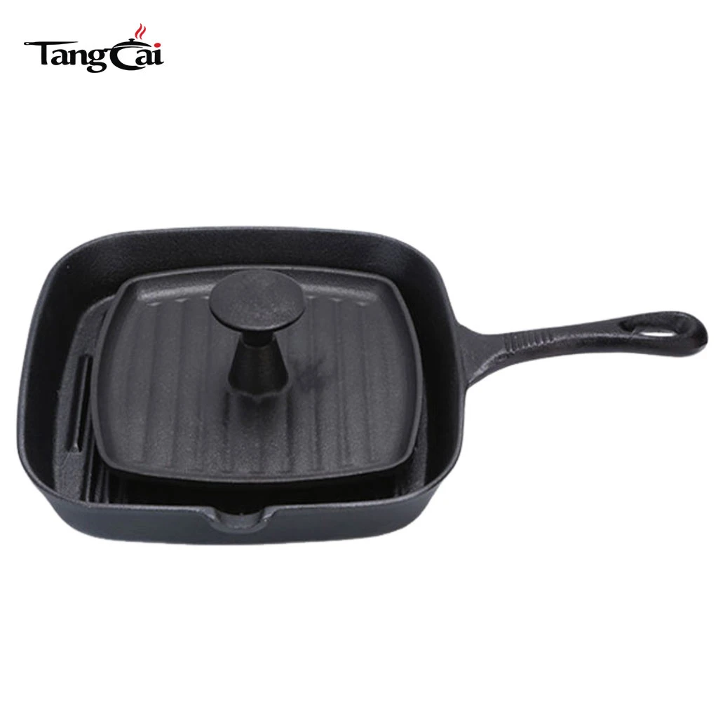 2-teiliges quadratisches Gusseisen Grillset, geriffelte Grillpfanne + Steakpresse aus Gusseisen