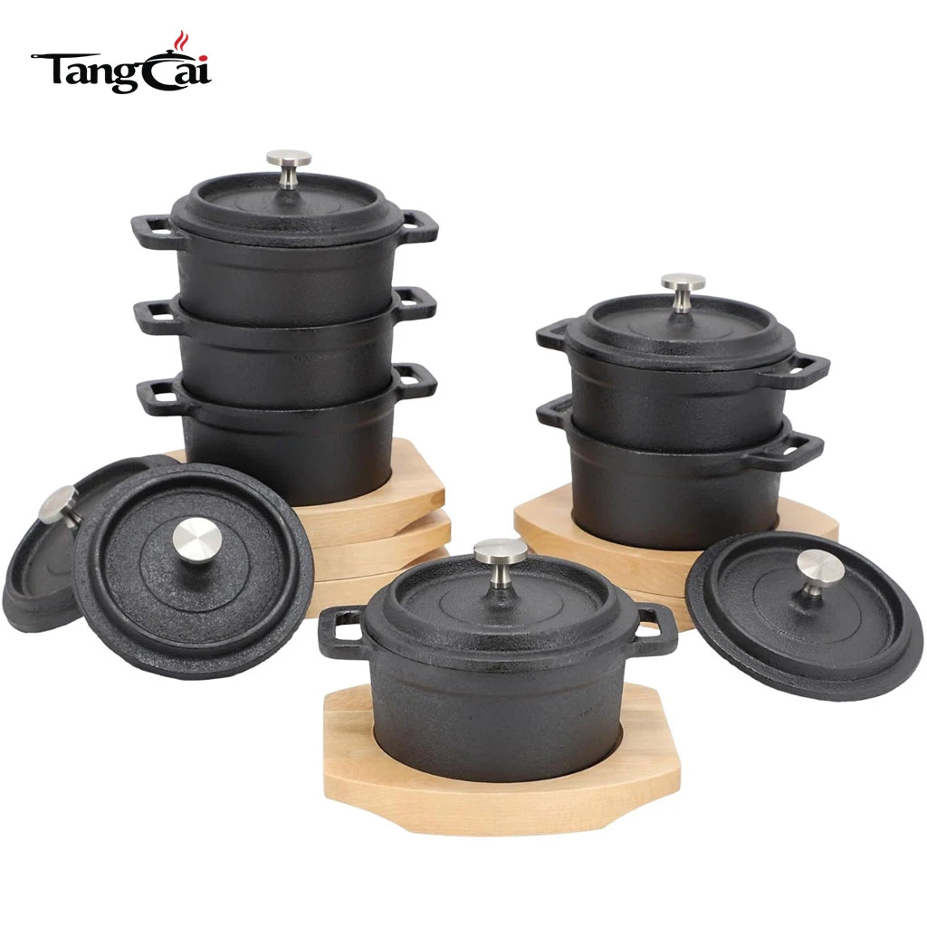 Mini-Cocotte-Set aus vorgew&uuml;rztem Gusseisen mit Deckel und Holzuntersetzern, kleine holl&auml;ndische &Ouml;fen zum Backen, Servieren und f&uuml;r individuelle Mahlzeiten