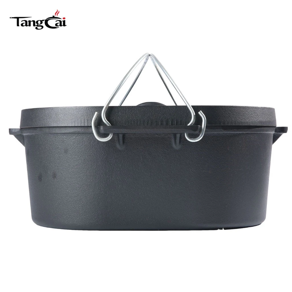 5,5QT Camping-Kochgeschirr, ovaler Schmortopf aus Gusseisen mit Grilldeckel