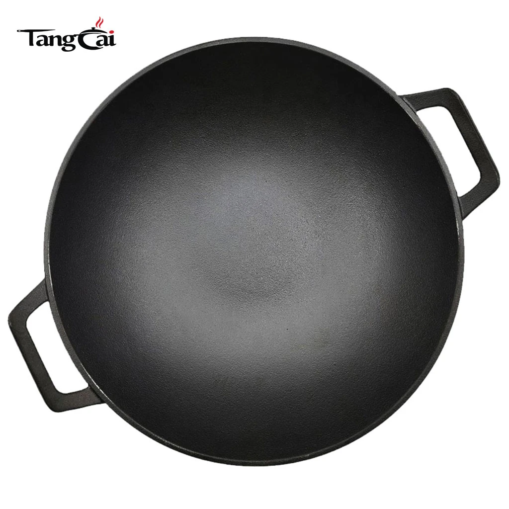 Gro&szlig;e 14-Zoll-Wok-Pfanne aus vorgew&uuml;rztem Gusseisen mit Doppelgriffe