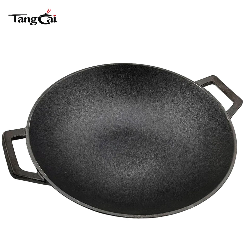 Gro&szlig;e 14-Zoll-Wok-Pfanne aus vorgew&uuml;rztem Gusseisen mit Doppelgriffe