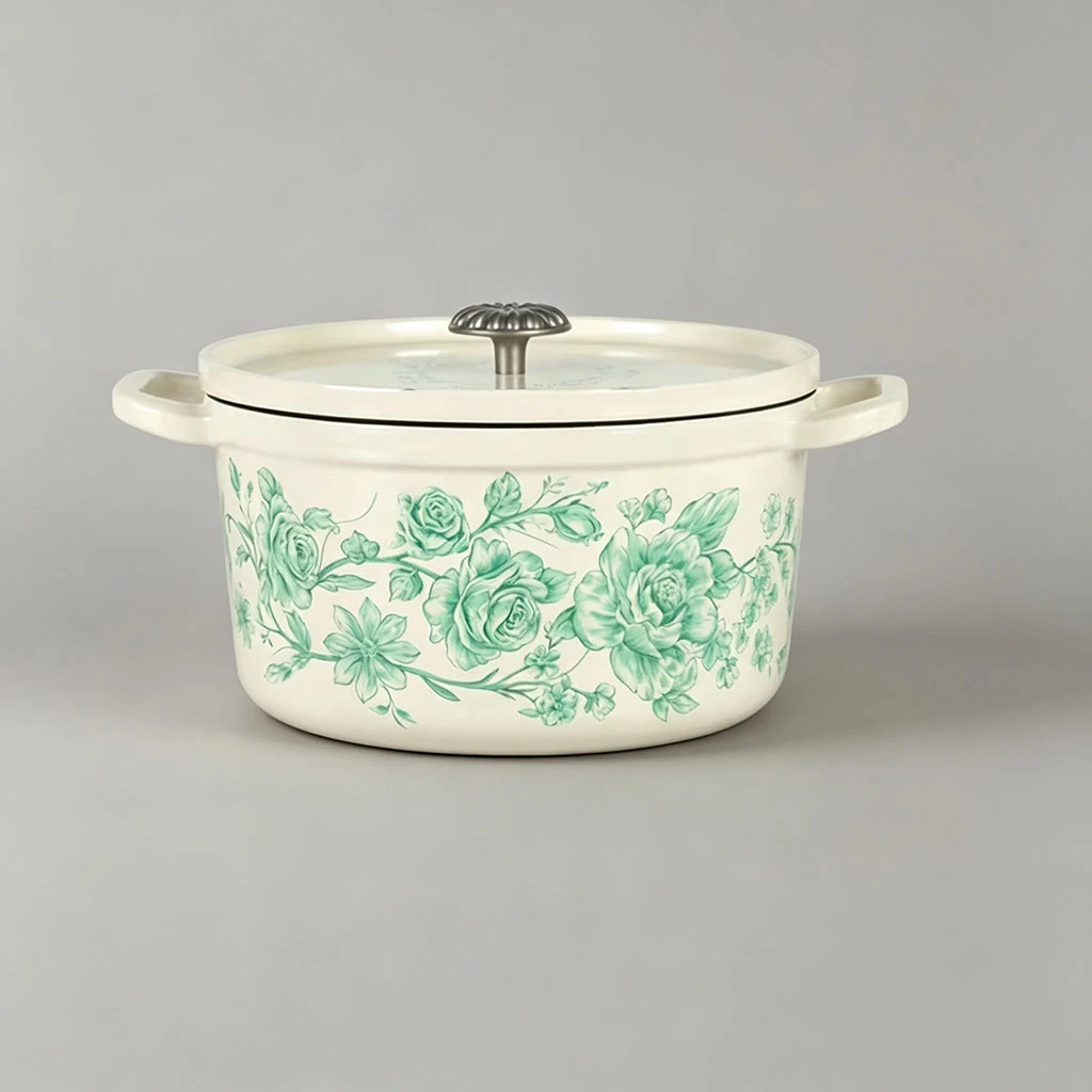 Benutzerdefinierter holl&auml;ndischer Schmortopf aus emailliertem Gusseisen im trendigen Vintage-Stil mit Blumenmuster | OEM ODM unterst&uuml;tzt