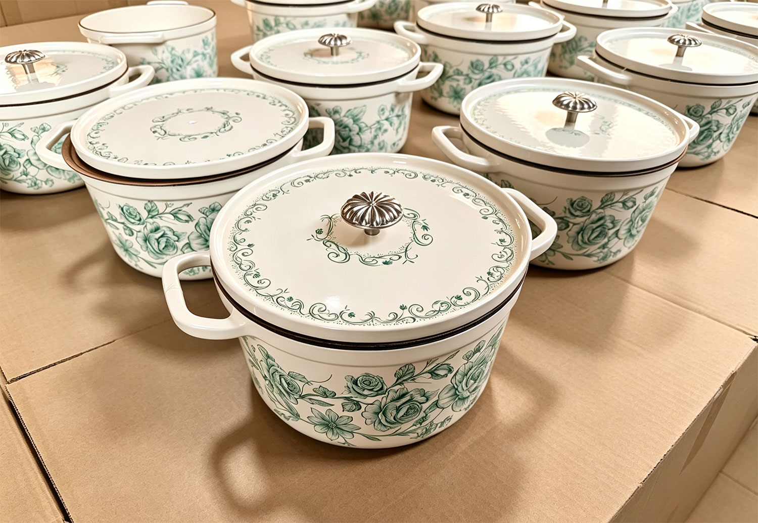 Maßgeschneiderter holländischer Schmortopf aus emailliertem Gusseisen im Vintage-Stil mit Blumenmuster | OEM-ODM unterstützt